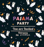 Invitation to a pajama party in a trendy flat style. Penguins in hand drawn style. Pajamas and sleepwear. Slumber. Shirt and pants. Slippers. A pair of legs. Overnight. Nightwear. Mask for sleep. vector