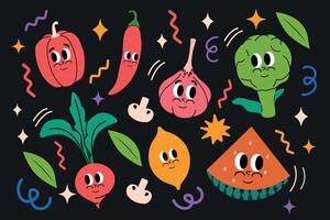 Set of happy and cheerful fruits and vegetables in trendy groovy style. Vector illustration. Isolated. Berries juicy character. Retro 2000s. elements. Emotions and expressions. Collection smiling face