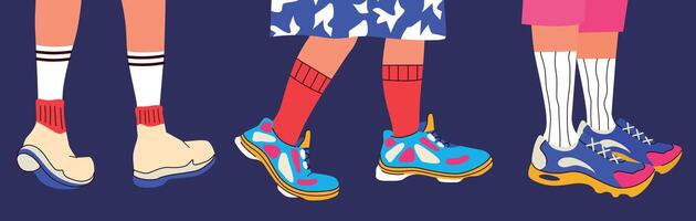 Pairs of feet in sneakers and socks in a trendy modern style. Groovy. Vector illustration. Isolated. Hand drawn and doodle postcard with a set of boots. Icons collection. Footwear elements