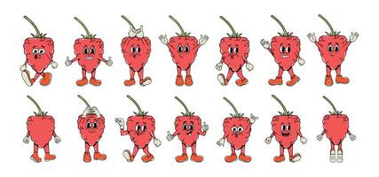 Set of raspberries in groovy style in different poses and with  expressions with arms and legs. Elements in y2k style. Vector illustration. Cartoon characters. Hippie 70s design. Psychedelic. Sticker