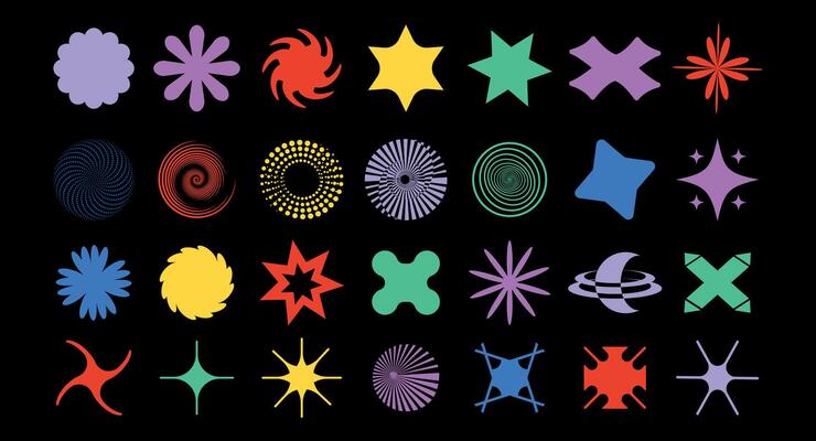 Set of signs, shapes, shapes, geometric shapes, elements in y2k style. Vector illustration. Isolated. Groovy design. Collection of symbols for flyers, posters and banners. Retro futuristic graphic