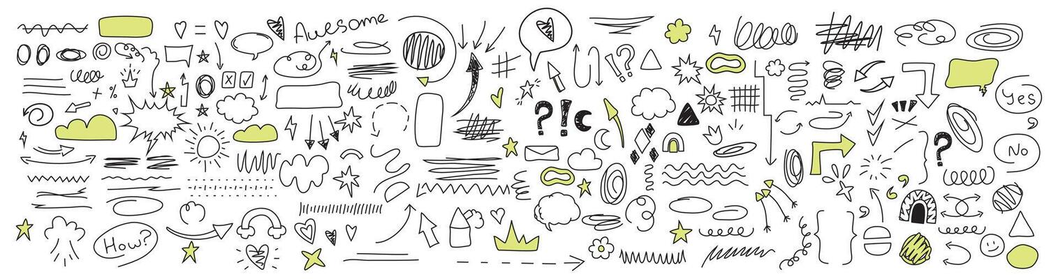 Set and collection of doodle highlighter editable lines and strokes. Hand drawn. Arrows, lines, inscriptions, dotted lines, shapes, figures. Stripe. Brushes neoteric elements. Pencil and pen.