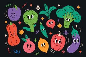 Set of happy and fruits in trendy groovy style. Funny funky vintage mascot and comic berries juicy character. Poster 2000s. Pack of y2k elements. Collection smiling face. Graphic Design. vector