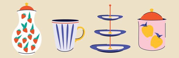 Set of dishes in hand drawn modern trendy style. Tea and coffee. Groovy design. Vector illustration. Handmade Tableware Vibrant colors. Elements. Flat style. Ceramic Crockery. Beverages Collection