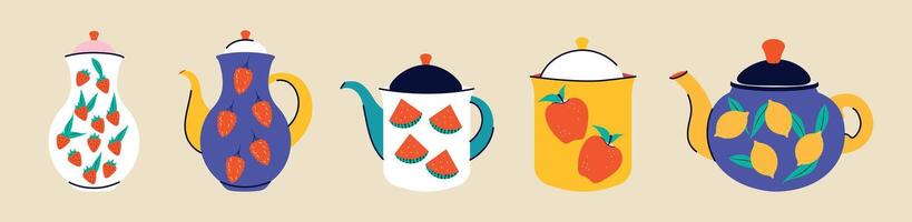 A set and collection of tableware in a modern trendy style. Groovy design. Cups, teapot, kettle for drinks, tea, coffee. Vector illustration. Isolated. Hand drawn dishes, plate, vase, sugar bowl. Flat