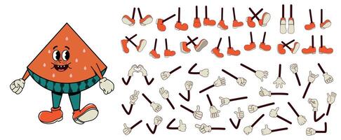 Set and collection of arms and legs in different poses for characters in groove style. Watermelon  walking, smiling with arms and legs. Y2k elements. Facial expression. White background. Constructor vector