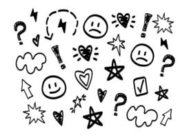 Underline, outline, drawn, smileys, stars, fireworks, hearts, dotted line, arrows, question mark, exclamation mark, lightning. Vector illustration. White background. Set of elements