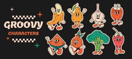 Set of a collection of characters with faces and poses in groovy style. Sticker pack. Icons Vector illustration. Y2K design of vegetables and fruits. Hands and legs. Hippie and 70s style elements.