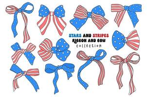 Coquette 4th of July ribbon bow stars and stripes doodle set vector