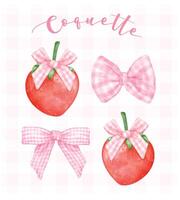 Coquette Strawberries and pink ribbon bow set, aesthetic watercolor hand drawing vector