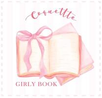 Retro Coquette Books opened with pink ribbon bow Illustration, Trendy preppy Chic Pink Watercolor Art vector