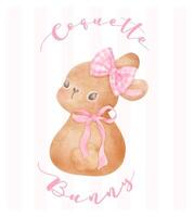 Coquette Bunny, Brown rabbit with pink ribbon bow watercolor Aesthetic painting vector