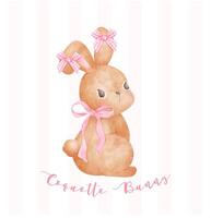 Coquette Bunny, Adorable Brown rabbit with pink ribbon bow watercolor Aesthetic painting vector