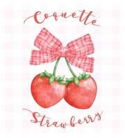 Coquette Strawberries with red ribbon bow, aesthetic watercolor hand drawing vector