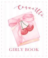 retro coqueta libro cerrado con rosado cinta arco y rojo cerezas ilustración, de moda pijo elegante rosado acuarela Arte vector