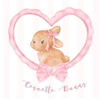 Coquette Bunny, Adorable Brown rabbit in heart frame with pink ribbon bow watercolor Aesthetic painting vector