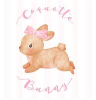 Coquette Bunny, Adorable Brown rabbit with pink ribbon bow watercolor Aesthetic painting vector