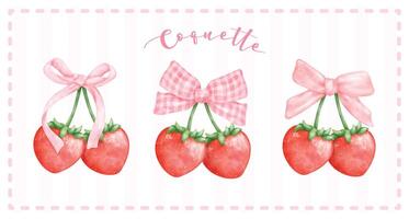 group of Coquette Strawberries with pink ribbon bow banner, aesthetic watercolor hand drawing vector