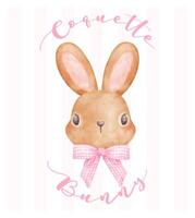 Coquette Bunny, Brown rabbit with pink ribbon bow watercolor Aesthetic painting vector