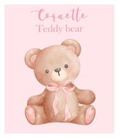 Coquette Teddy Bear Trendy Retro Vintage Watercolor Illustration vector