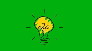 4k resolution hand drawing of a lighted light bulb giving rise to an idea, animated business concept for web, video element or presentation. with a green screen background