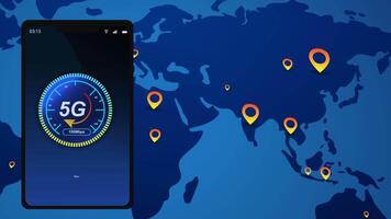 Animé monde l'Internet la vitesse tester Contexte avec une 5g téléphone intelligent, visualisation de une carte de des pays dans le monde avec vite l'Internet réseaux. l'Internet Contexte La technologie video