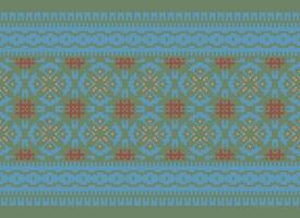 Cross Stitch and Pixel Ethnic Patterns Bring Vibrant Style to Fabrics, Sarees, and Ikat Designs, Red color cross stitch. Traditional Design. vector