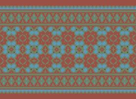 Cross Stitch and Pixel Ethnic Patterns Bring Vibrant Style to Fabrics, Sarees, and Ikat Designs, Red color cross stitch. Traditional Design. vector