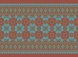 Cross Stitch and Pixel Ethnic Patterns Bring Vibrant Style to Fabrics, Sarees, and Ikat Designs, Red color cross stitch. Traditional Design. vector