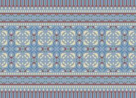 Cross Stitch and Pixel Ethnic Patterns Bring Vibrant Style to Fabrics, Sarees, and Ikat Designs, Red color cross stitch. Traditional Design. vector