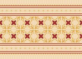 Cross Stitch and Pixel Ethnic Patterns Bring Vibrant Style to Fabrics, Sarees, and Ikat Designs, Red color cross stitch. Traditional Design. vector