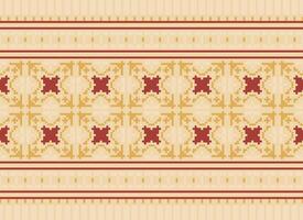 Cross Stitch and Pixel Ethnic Patterns Bring Vibrant Style to Fabrics, Sarees, and Ikat Designs, Red color cross stitch. Traditional Design. vector