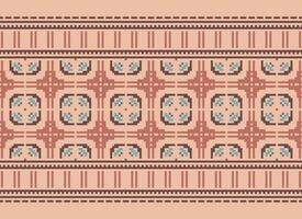 Cross Stitch and Pixel Ethnic Patterns Bring Vibrant Style to Fabrics, Sarees, and Ikat Designs, Red color cross stitch. Traditional Design. vector