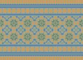 Cross Stitch and Pixel Ethnic Patterns Bring Vibrant Style to Fabrics, Sarees, and Ikat Designs, Red color cross stitch. Traditional Design. vector