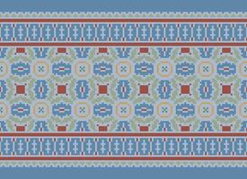 Cross Stitch and Pixel Ethnic Patterns Bring Vibrant Style to Fabrics, Sarees, and Ikat Designs, Red color cross stitch. Traditional Design. vector