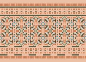 Cross Stitch and Pixel Ethnic Patterns Bring Vibrant Style to Fabrics, Sarees, and Ikat Designs, Red color cross stitch. Traditional Design. vector