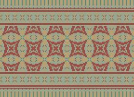 Cross Stitch and Pixel Ethnic Patterns Bring Vibrant Style to Fabrics, Sarees, and Ikat Designs, Red color cross stitch. Traditional Design. vector