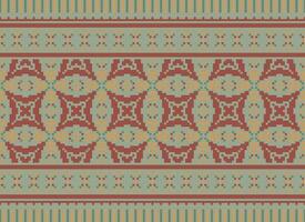 Cross Stitch and Pixel Ethnic Patterns Bring Vibrant Style to Fabrics, Sarees, and Ikat Designs, Red color cross stitch. Traditional Design. vector