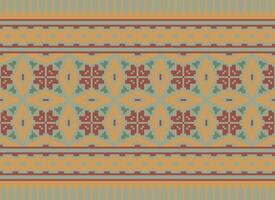 Cross Stitch and Pixel Ethnic Patterns Bring Vibrant Style to Fabrics, Sarees, and Ikat Designs, Red color cross stitch. Traditional Design. vector