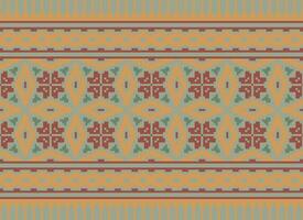 Cross Stitch and Pixel Ethnic Patterns Bring Vibrant Style to Fabrics, Sarees, and Ikat Designs, Red color cross stitch. Traditional Design. vector