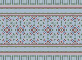 Cross Stitch and Pixel Ethnic Patterns Bring Vibrant Style to Fabrics, Sarees, and Ikat Designs, Red color cross stitch. Traditional Design. vector