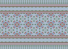 Cross Stitch and Pixel Ethnic Patterns Bring Vibrant Style to Fabrics, Sarees, and Ikat Designs, Red color cross stitch. Traditional Design. vector