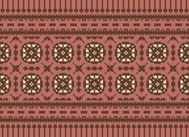 Cross Stitch and Pixel Ethnic Patterns Bring Vibrant Style to Fabrics, Sarees, and Ikat Designs, Red color cross stitch. Traditional Design. vector