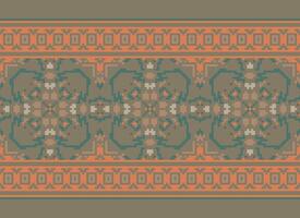 Pixel vintages cross stitch traditional ethnic pattern paisley flower Ikat background abstract Aztec African Indonesian Indian seamless pattern for fabric print cloth dress carpet curtains and sarong vector