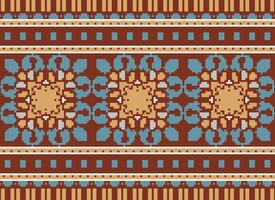 Pixel cross stitch traditional ethnic pattern paisley flower Ikat background abstract Aztec African Indonesian Indian seamless pattern for fabric print cloth dress carpet curtains and sarong vector