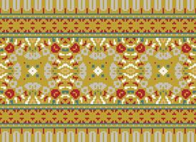 Pixel cross stitch traditional ethnic pattern paisley flower Ikat background abstract Aztec African Indonesian Indian seamless pattern for fabric print cloth dress carpet curtains and sarong vector