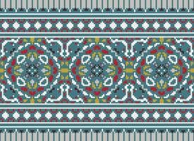 Pixel cross stitch traditional ethnic pattern paisley flower Ikat background abstract Aztec African Indonesian Indian seamless pattern for fabric print cloth dress carpet curtains and sarong vector