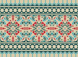 Pixel cross stitch traditional ethnic pattern paisley flower Ikat background abstract Aztec African Indonesian Indian seamless pattern for fabric print cloth dress carpet curtains and sarong vector