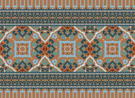 Pixel cross stitch traditional ethnic pattern paisley flower Ikat background abstract Aztec African Indonesian Indian seamless pattern for fabric print cloth dress carpet curtains and sarong vector