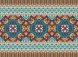 Cross Stitch Embroidery. Ethnic Patterns. Native Style. Traditional Design for texture, textile, fabric, clothing, Knitwear, print. Geometric Pixel Horizontal Seamless Vector. vector